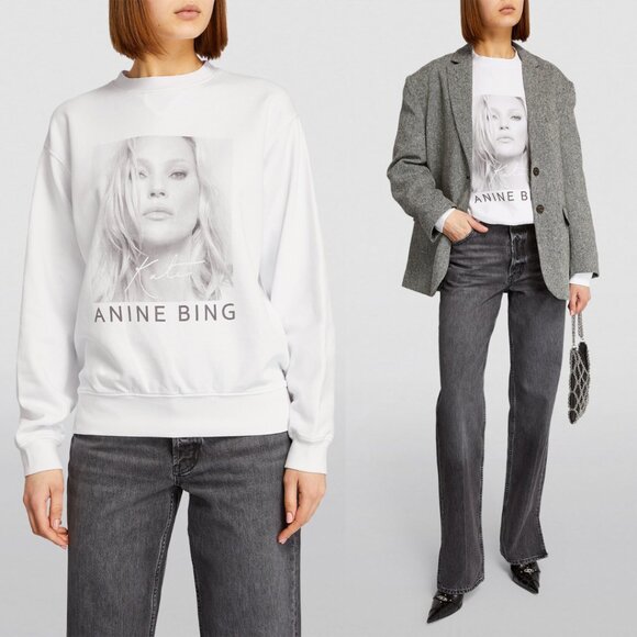 NWT Anine Bing Kate Moss Ramona Oversized Sweatshirt Crewneck White Sz Large - Picture 1 of 8